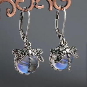 Silver Dragonfly Moonstone Round Dangle Drop Vintage Bohemian Earrings NWT